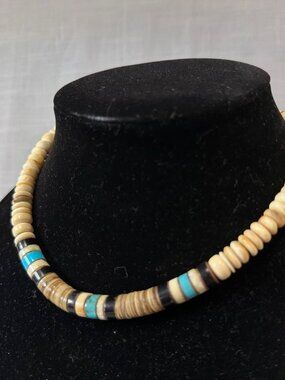 Vintage Native American Heishi necklace with Turquoise, Shell, and Silver Ends